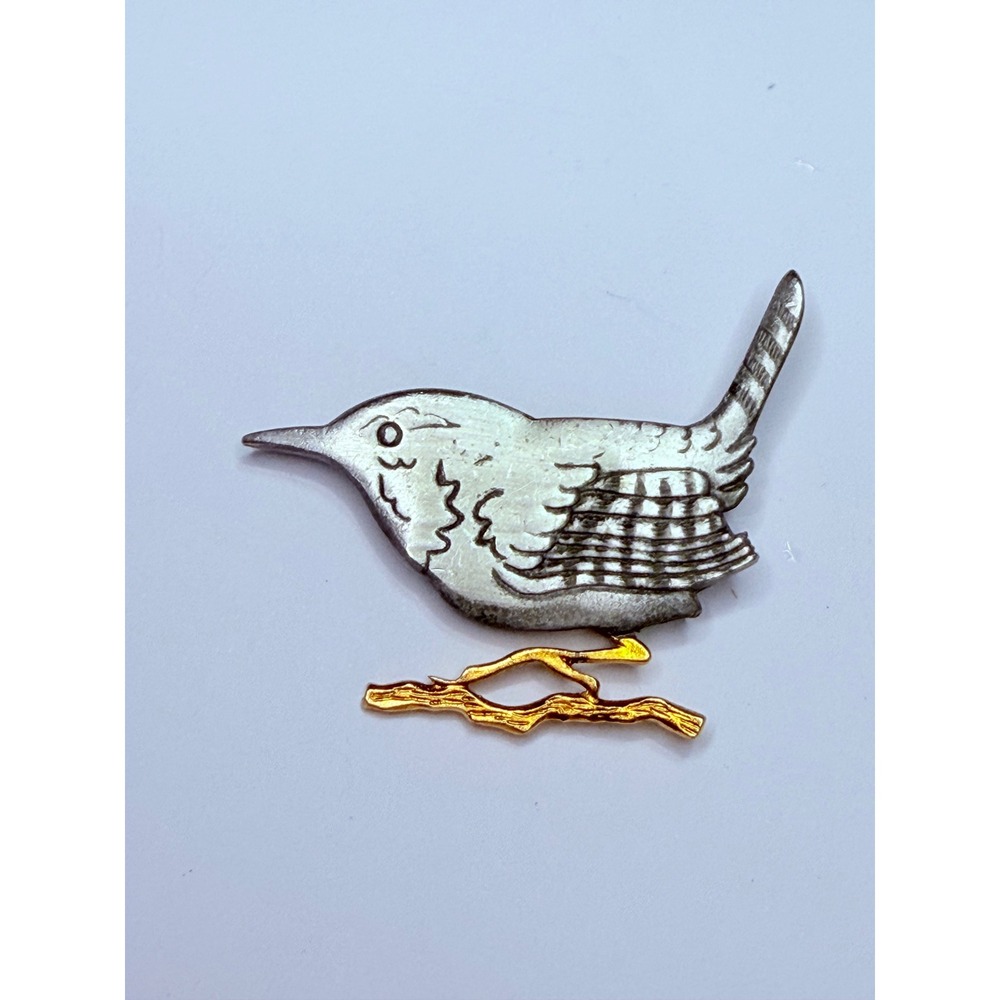 Vintage Pewter Shields Bird Brooch Pin Silver Tone Gold Branch Nature